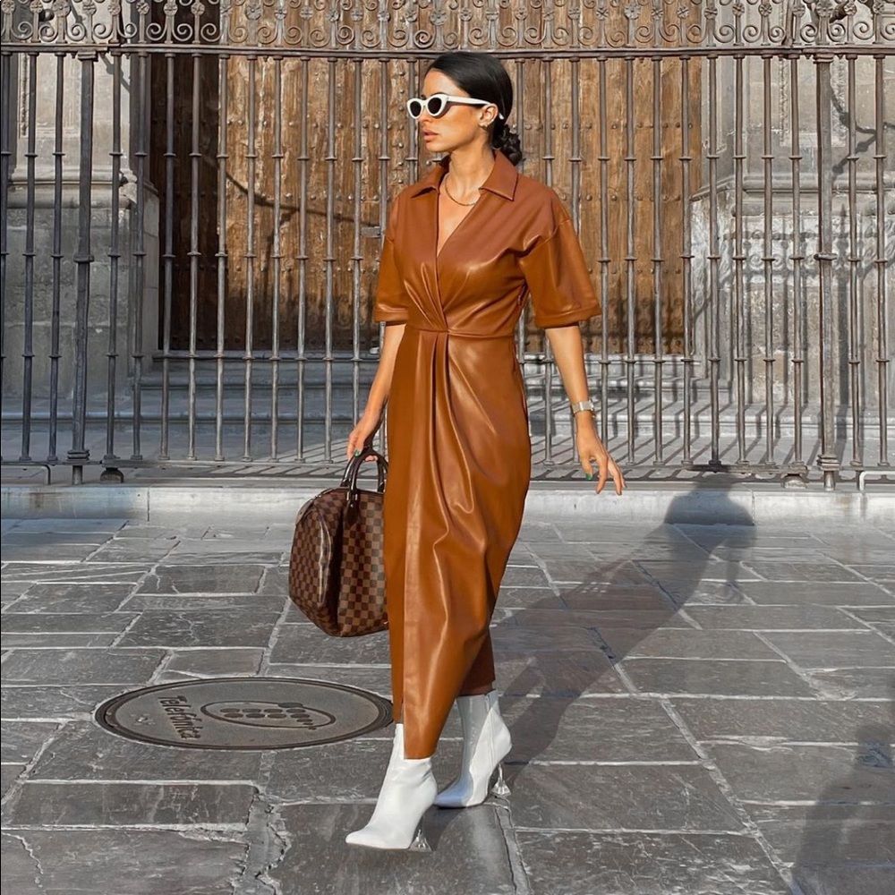 Zara Brown Faux Leather Faux Wrap Shirt Dress - Picture 7 of 16